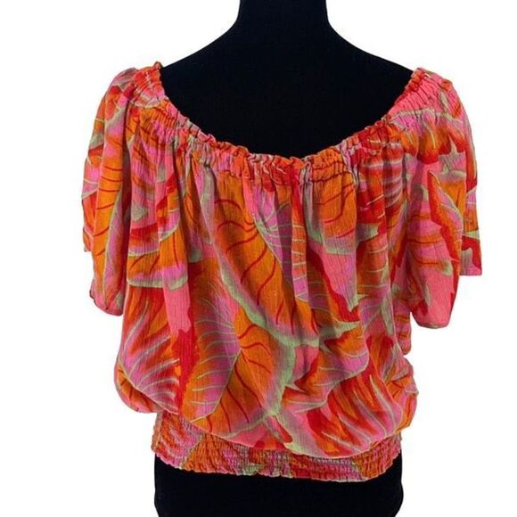 Cynthia Rowley Women's Off the Shoulder Elastic Waist Blouse Pink & Orange Large - Picture 3 of 7
